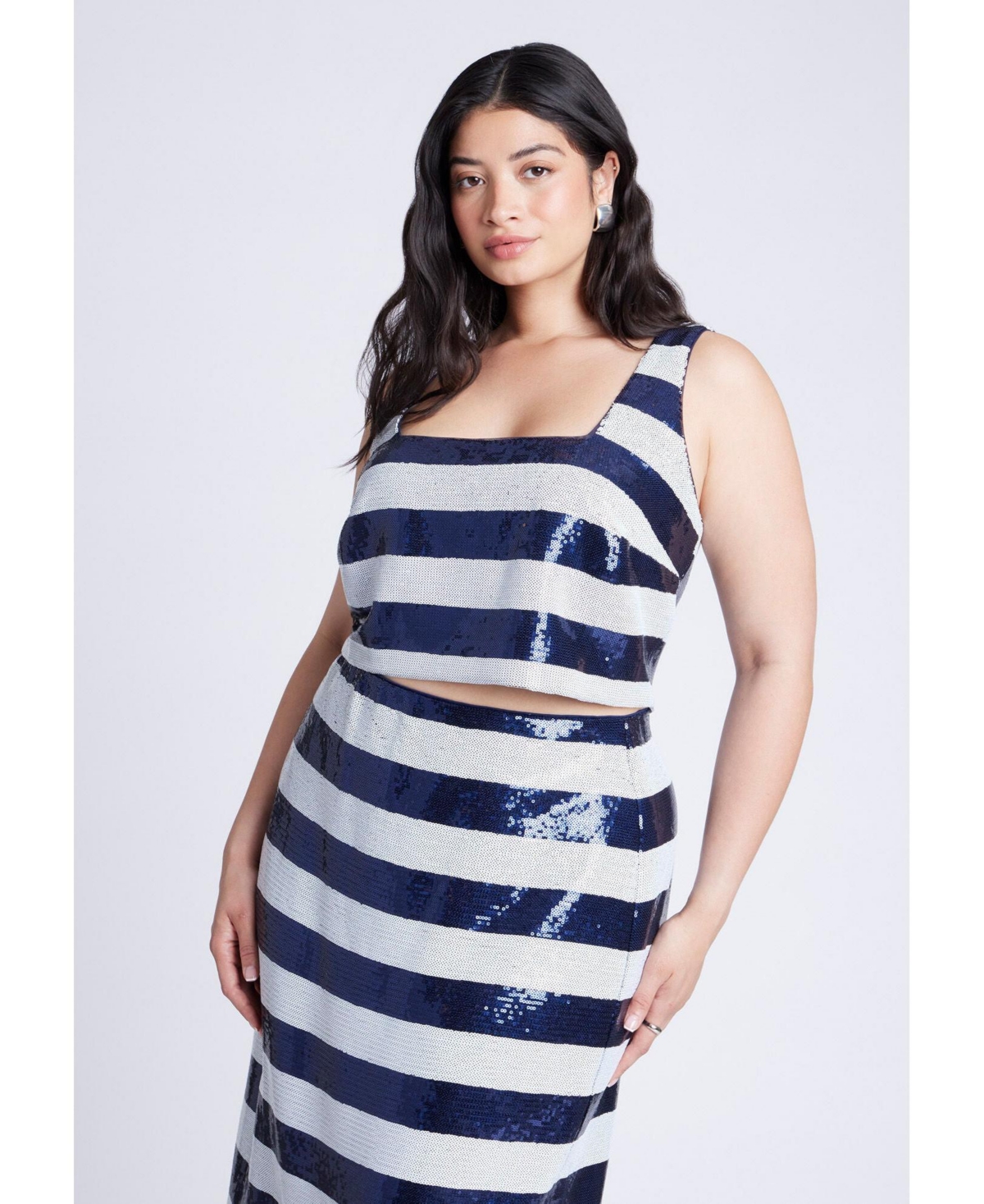 Women's Plus Size Sequin Striped Crop Top - Navy and white stripe