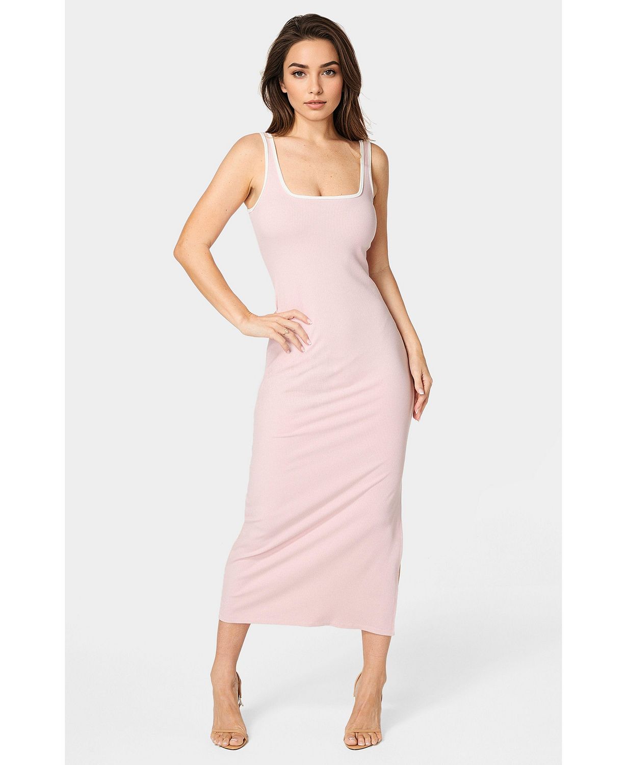 Women's Rib Contrast Square Neck Maxi Dress