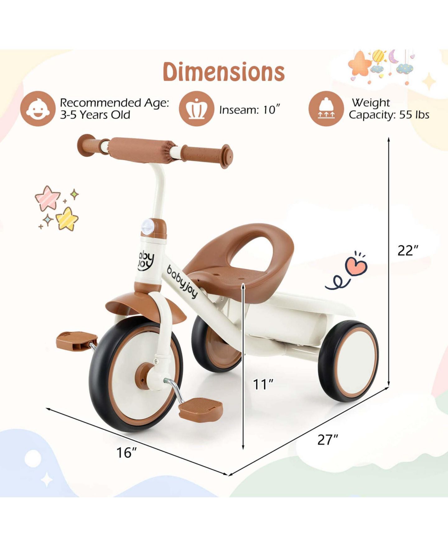 Детская игрушка Costway Toddler 3-Wheel Tricycle with Storage Basket and Adjustable Seat, 55 lb. Capacity, Ages 3-5, цвет: Бежевый / Хаки — фото 4