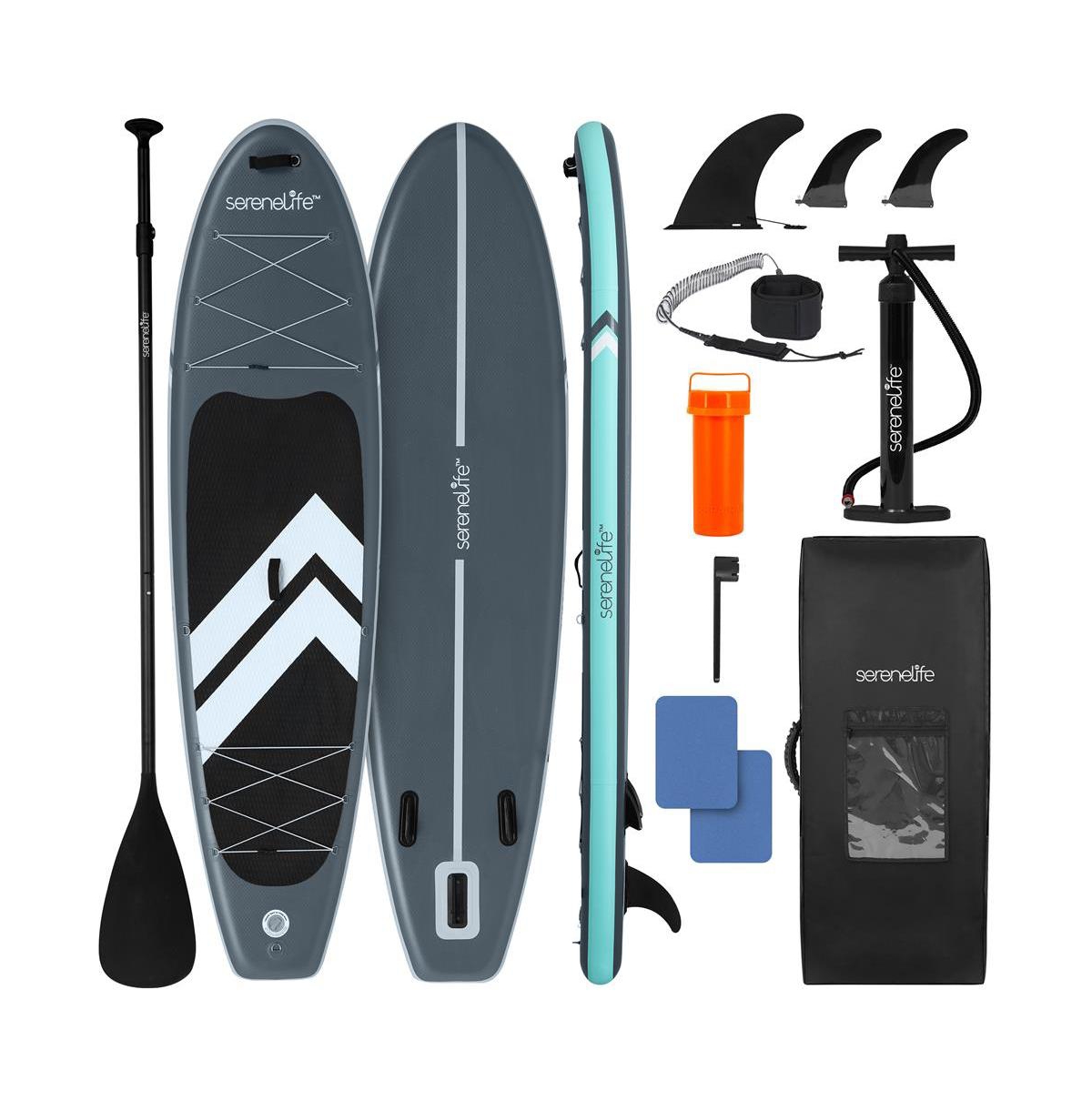 Inflatable Stand-Up Paddle-Board with Double-Action Hand Pump, 3-Piece Aluminum Paddle, Leash, Removable Fin + 2 Side Fins - Black
