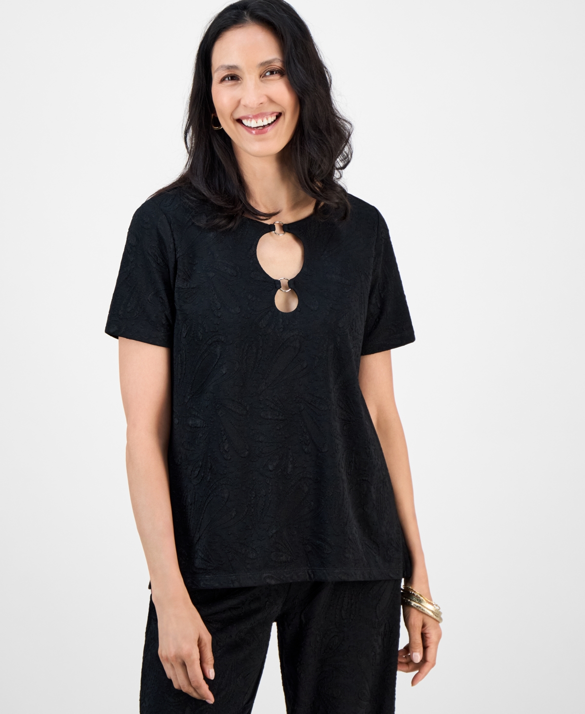 Petite Jacquard Ring Short-Sleeve Top, Macy's Exclusive - Tuscan Teal