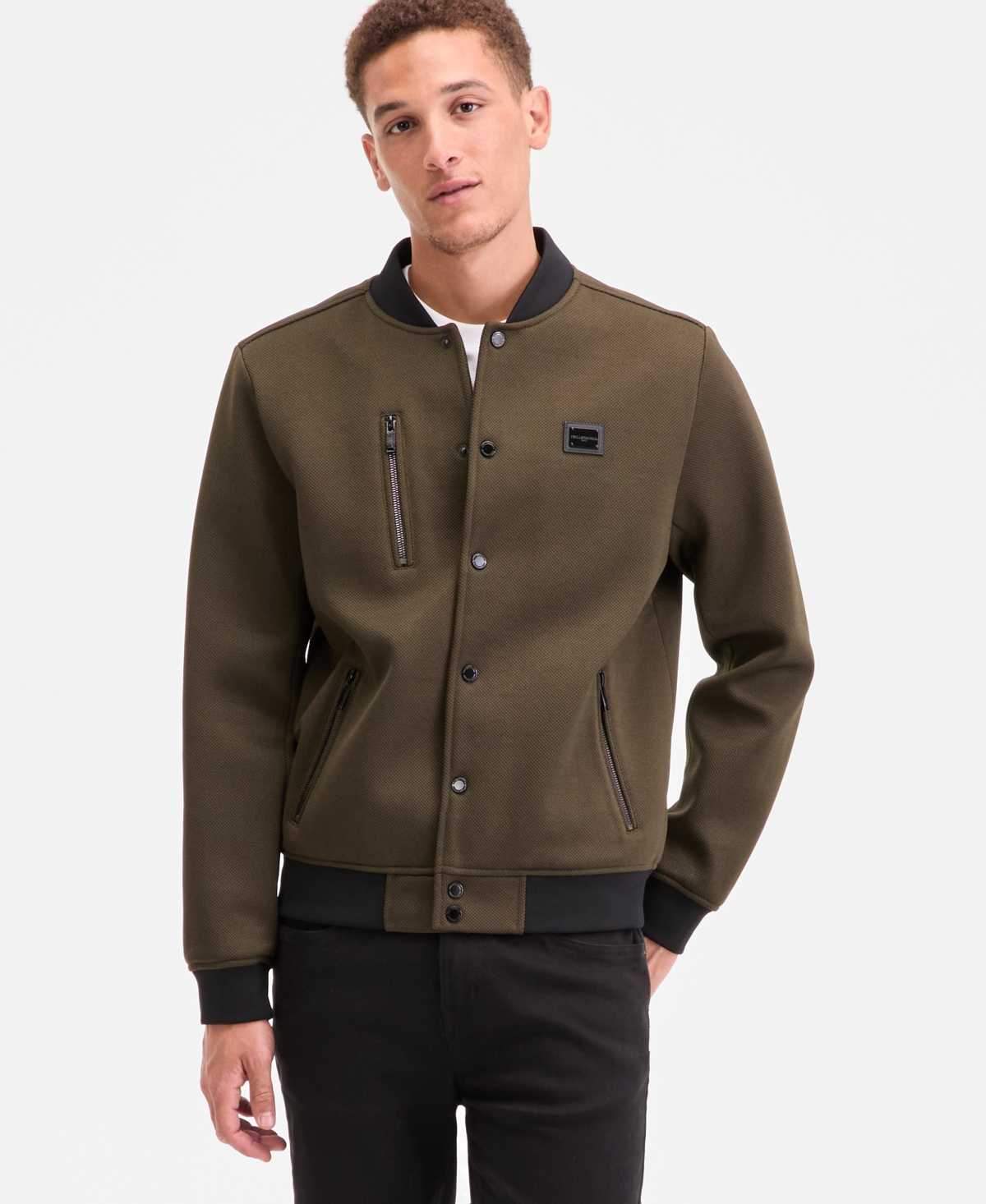 Karl Lagerfeld Men's Textured Varsity Zip Bomber Jacket In Green