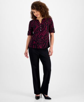 Petite Printed Rolled-Sleeve Button-Front Top