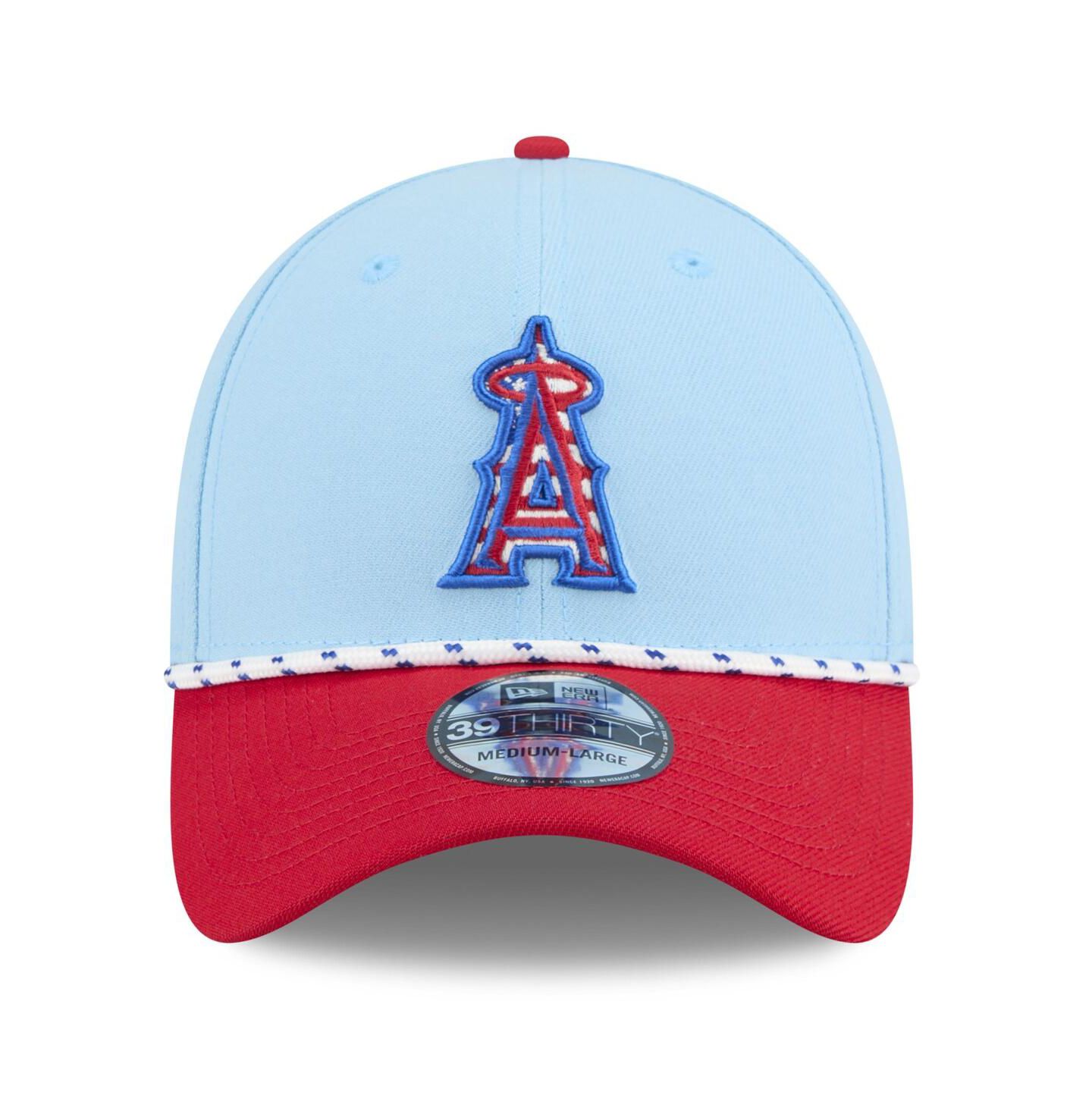 Мужская кепка New Era Light Blue/Red Los Angeles Angels 2025 Fourth of July 39THIRTY Flex Hat — фото 3