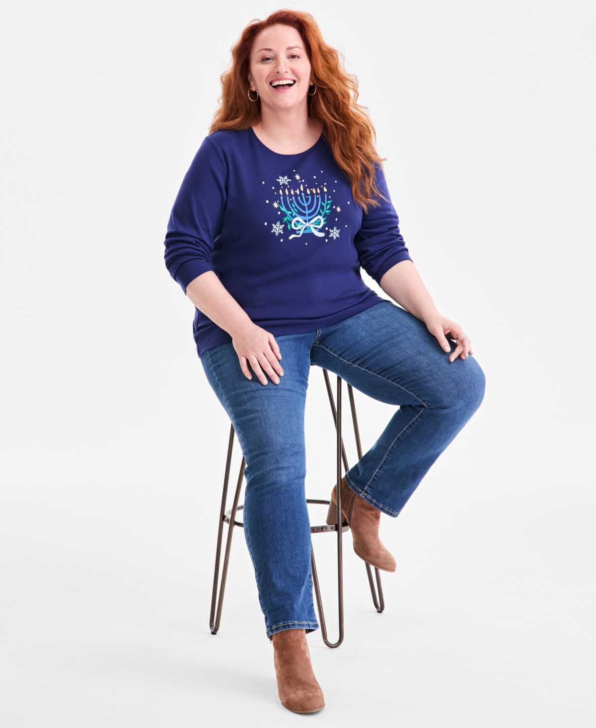 Holiday Lane Plus Size Menorah Long-sleeve T-shirt, Macy's Exclusive In Blue