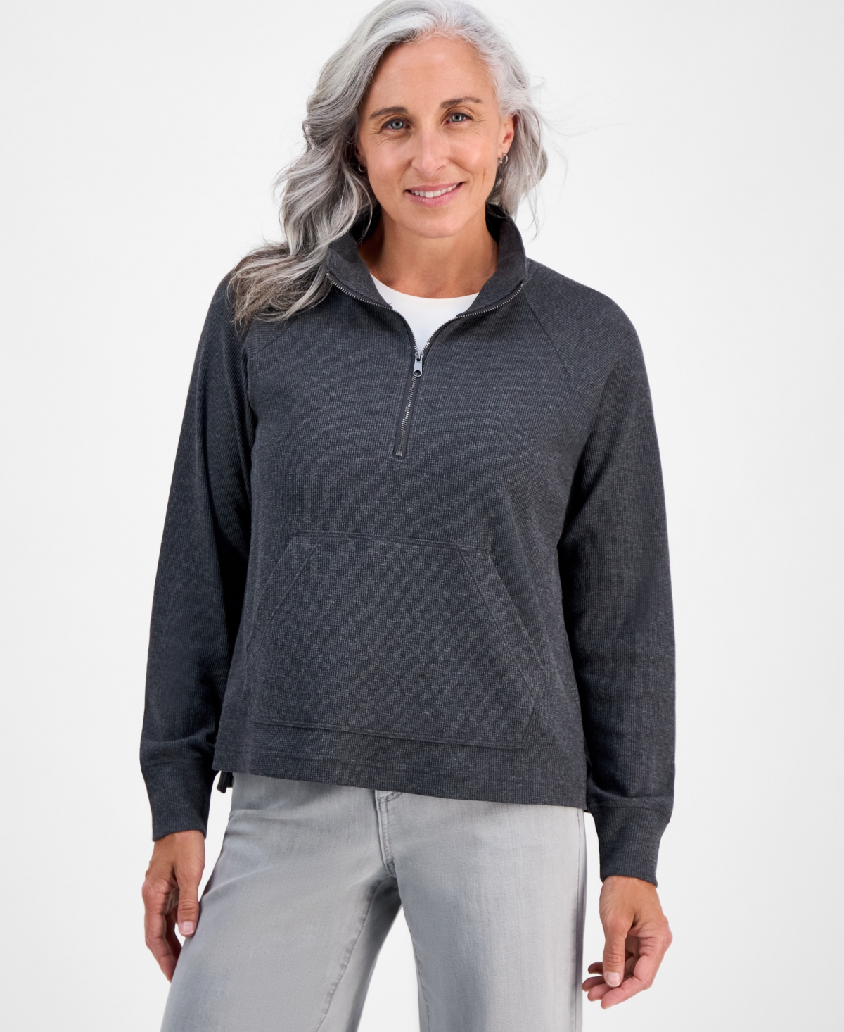 Style & Co Petite Heathered Waffle-knit Half-zip Sweatshirt, Macy's Exclusive