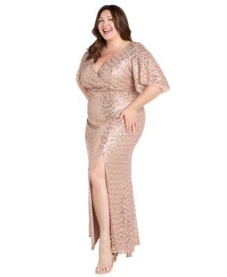 Plus Size Beaded Flutter-Sleeve Slit Gown