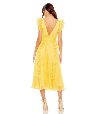 Women's Pleated Chiffon V Neck Ruffle Midi Dress