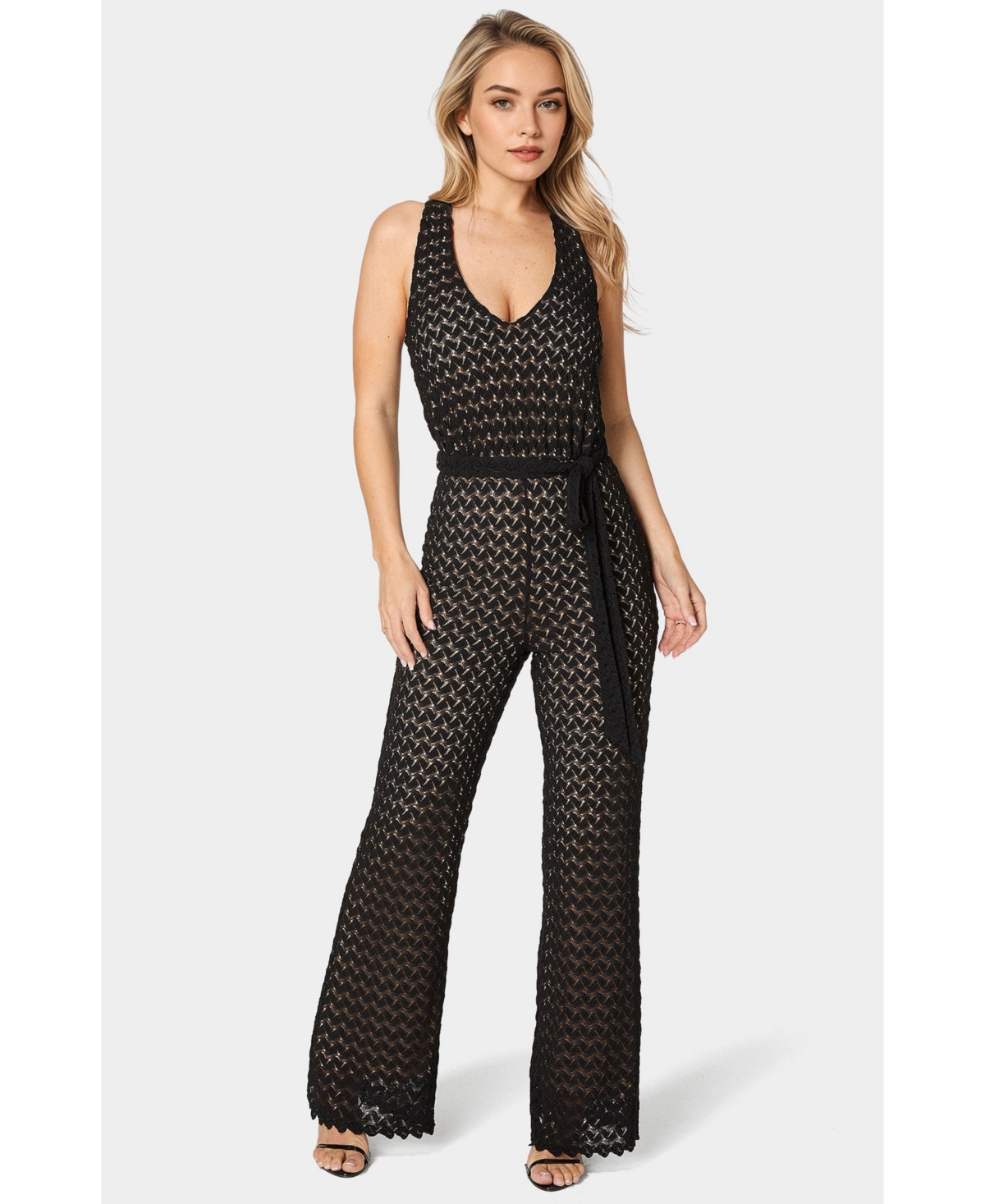Women's Lace V-Neck Jumpsuit - Black nude