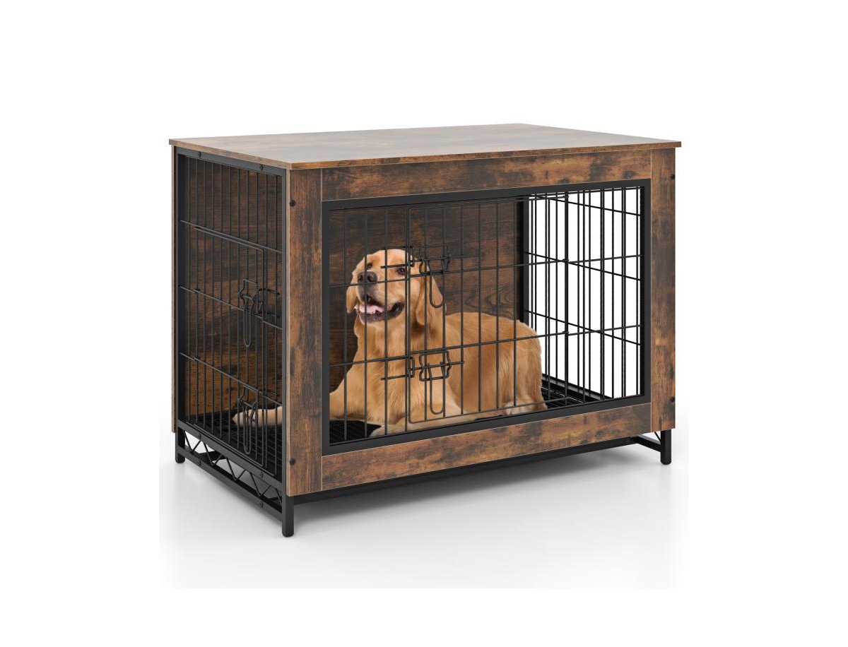 Dog Crate Furniture with Double Lockable Doors and Removable Pull-out Tray - Brown