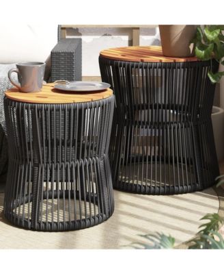 Garden Side Table Black and brown PE rattan 2 pcs Stackable