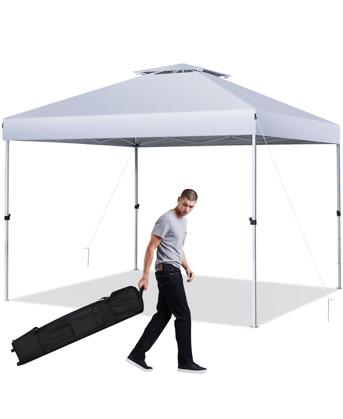 2-Tier 10' x 10' Pop-up Canopy Tent Instant Gazebo Adjustable Carry Bag w/ Wheel - White
