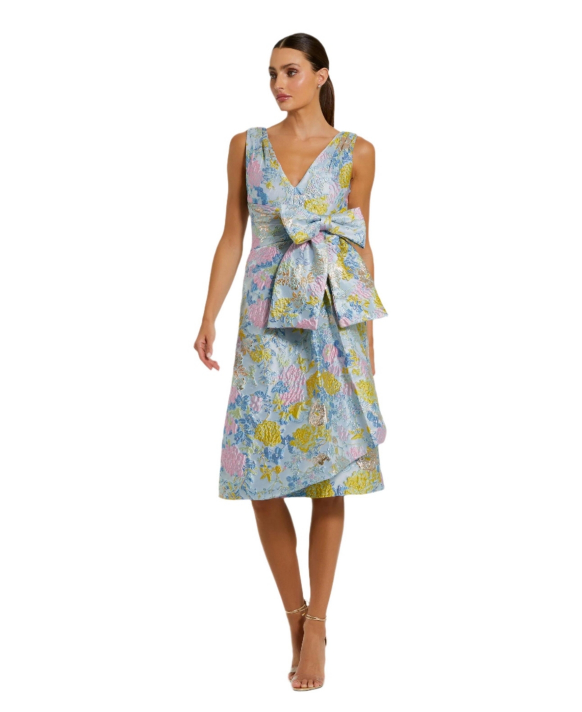 Women's Floral Brocade Sleeveless Midi Dress With Bow - Blue multi