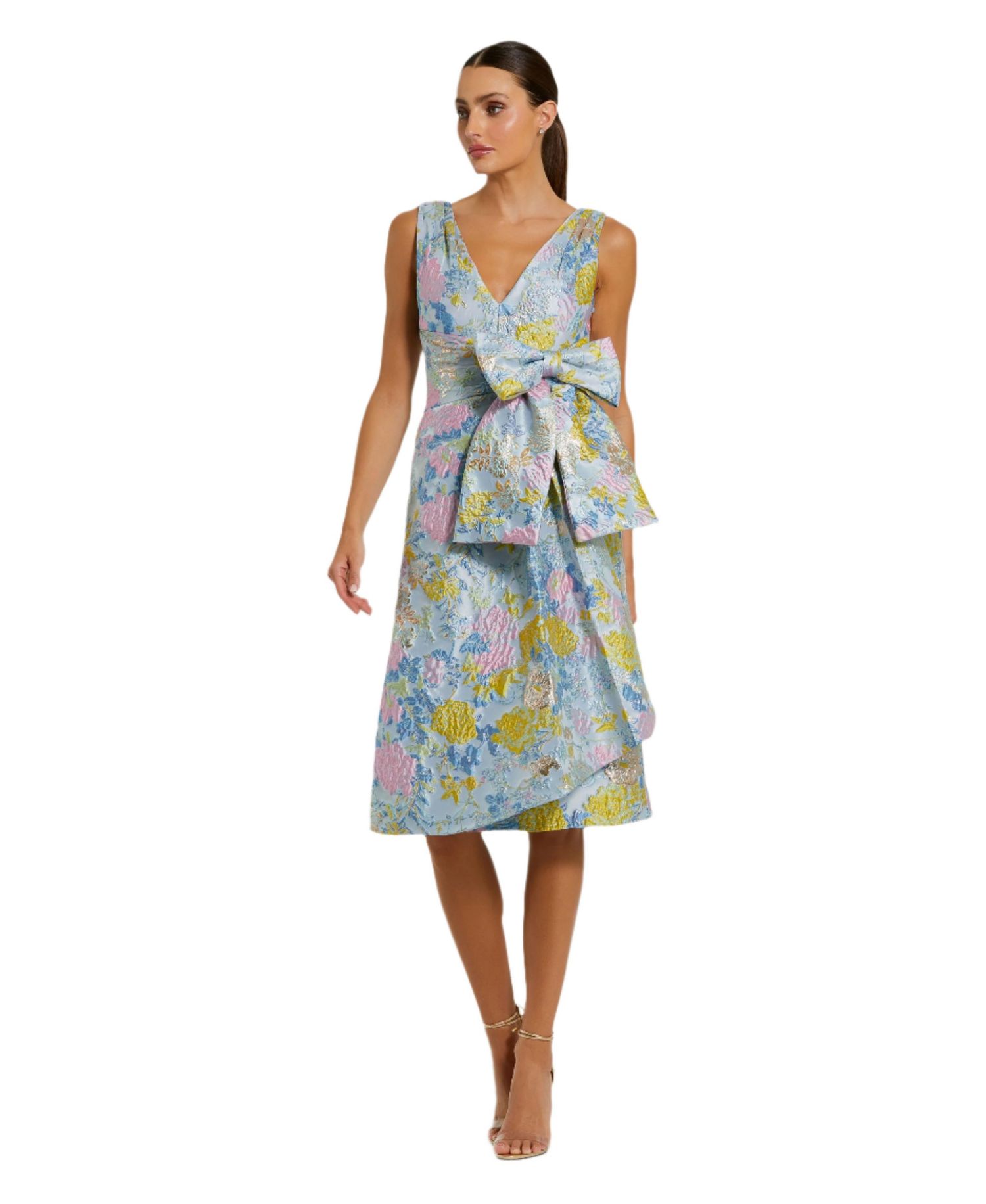 Women's Floral Brocade Sleeveless Midi Dress With Bow