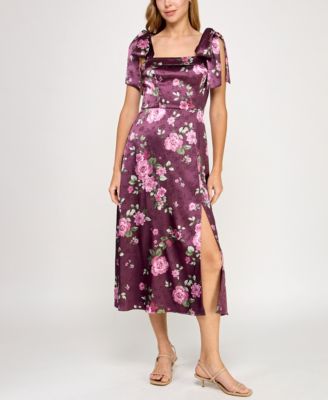 Juniors' Satin Printed Midi Dress