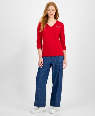 Women's Cotton Embellished-Heart Sweater 