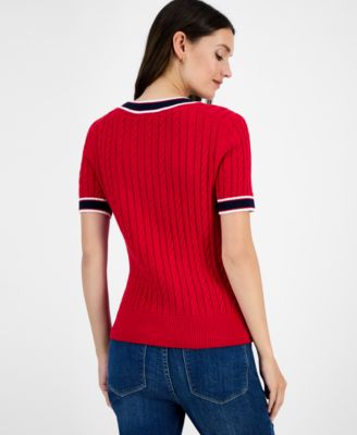 Women's Cotton Short-Sleeve Cable Knit Sweater 