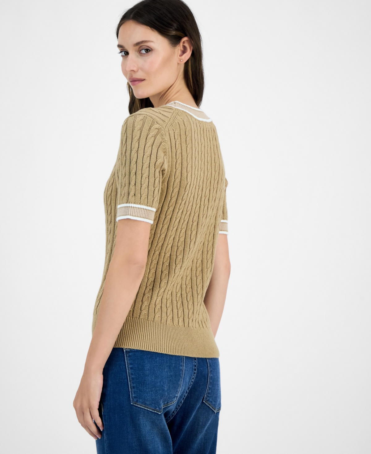 Tommy Hilfiger Women's Cotton Short-sleeve Cable Knit Sweater In Multi