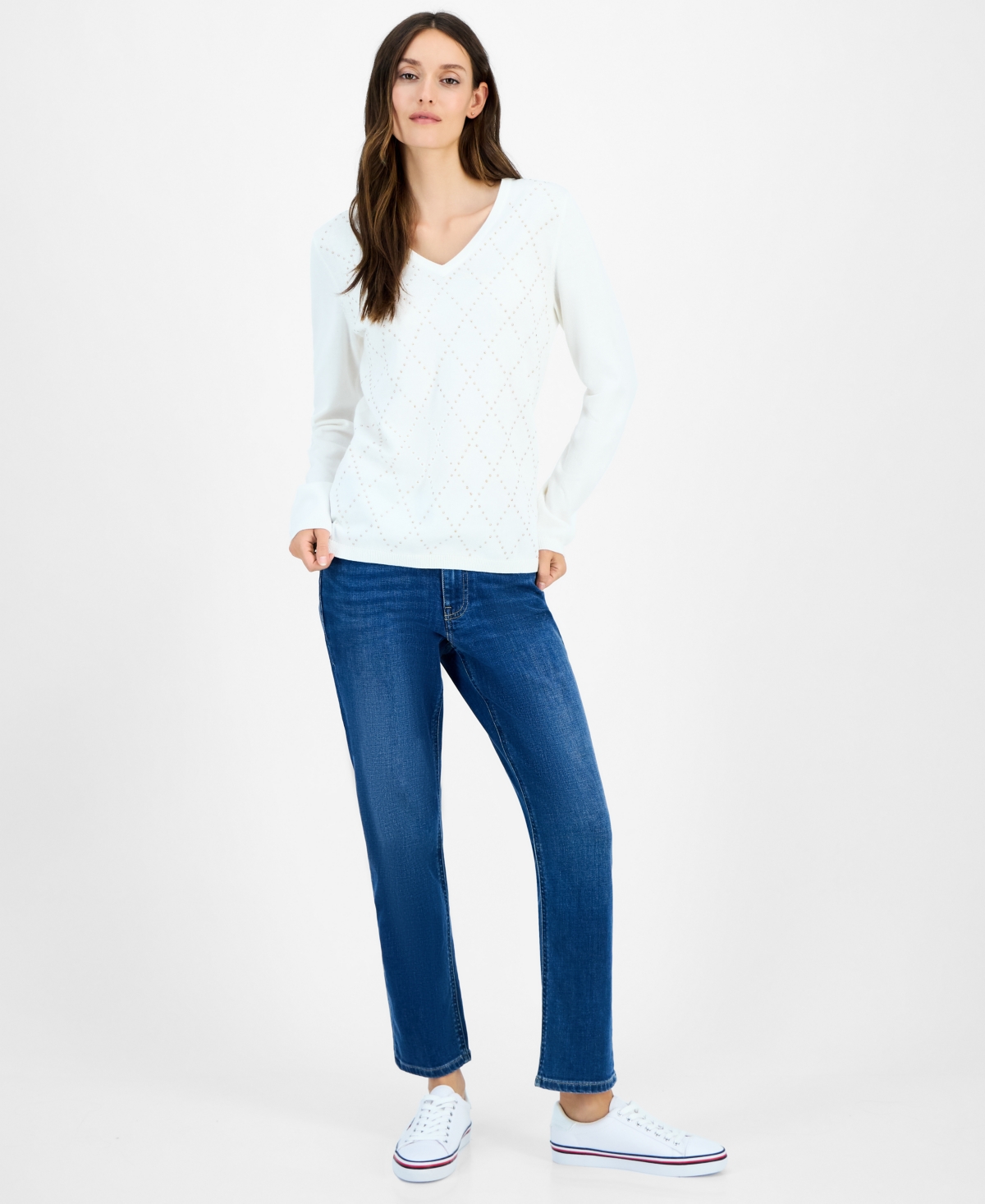 Tommy Hilfiger Women's Studded Argyle Cotton V-neck Sweater In Animal Print