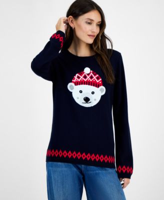 Women's Cotton Beanie Bear Crewneck Sweater