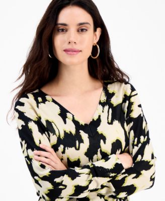 Petite Printed Double-V-Neck Long-Sleeve Sweater, Macy's Exclusive