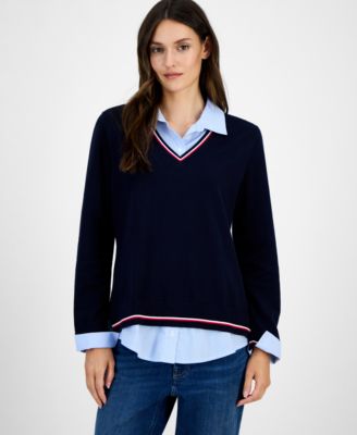 Tommy Hilfiger - Women's Cotton Twofer V-Neck Long-Sleeve Sweater