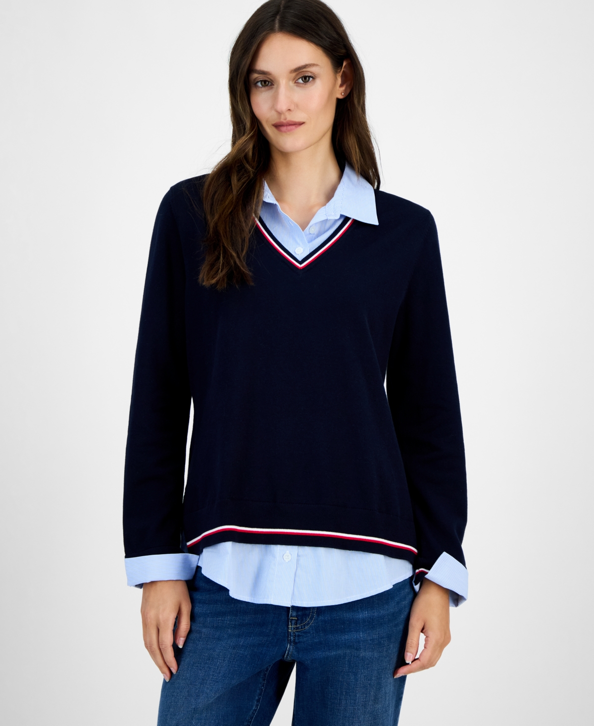 Tommy Hilfiger Women's Cotton Twofer V-neck Long-sleeve Sweater In Multi