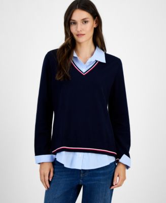 Tommy Hilfiger Women's Cotton Twofer V-Neck Long-Sleeve Sweater