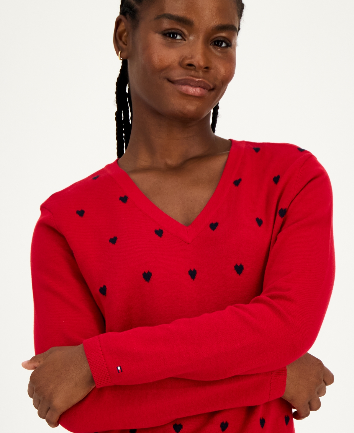 Tommy Hilfiger Women's Cotton Heart V-neck Sweater In Red