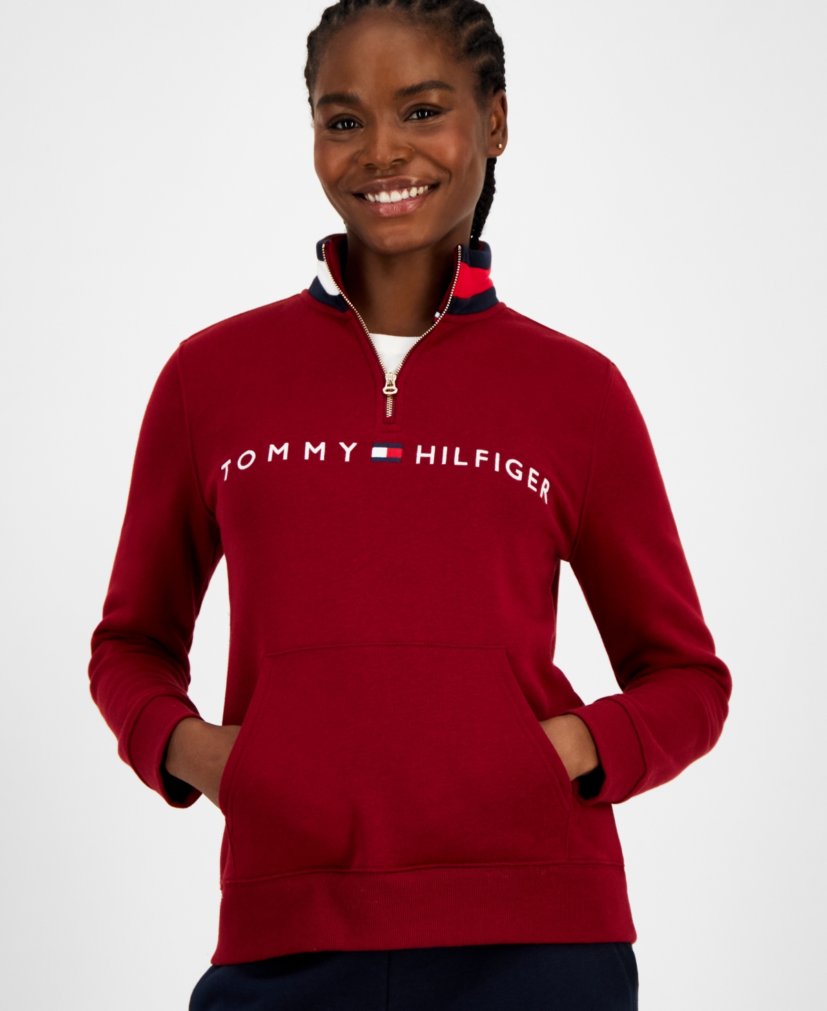 Tommy Hilfiger Women's Quarter Zip Embroidered Logo Sweatshirt In Red