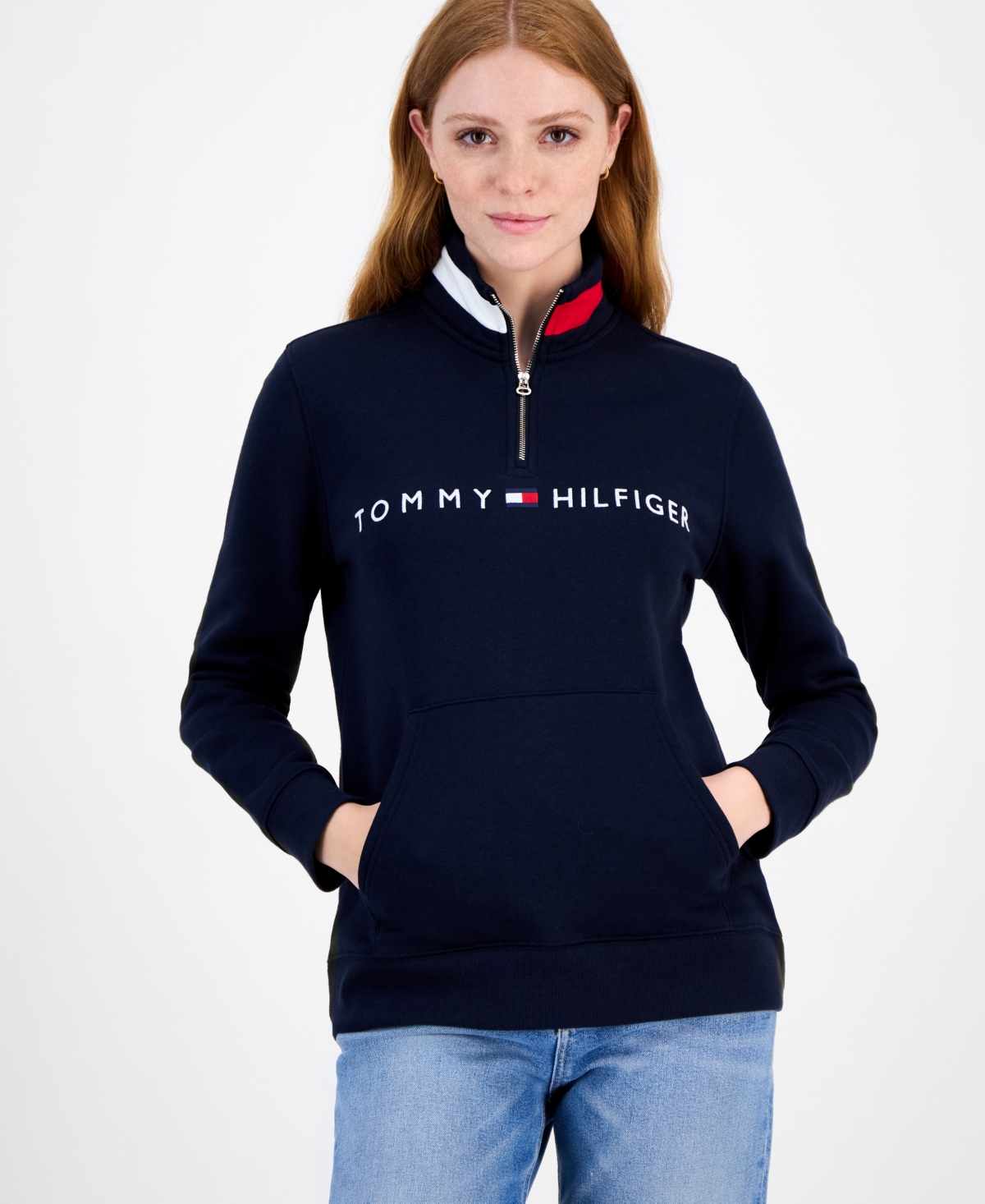 Tommy Hilfiger Women's Quarter Zip Embroidered Logo Sweatshirt In Blue