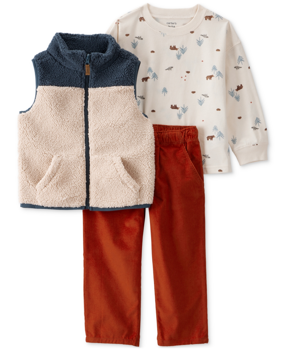 Carter's Toddler Boys Faux-sherpa Vest, Printed T-shirt & Corduroy Pants, 3 Piece Set In White