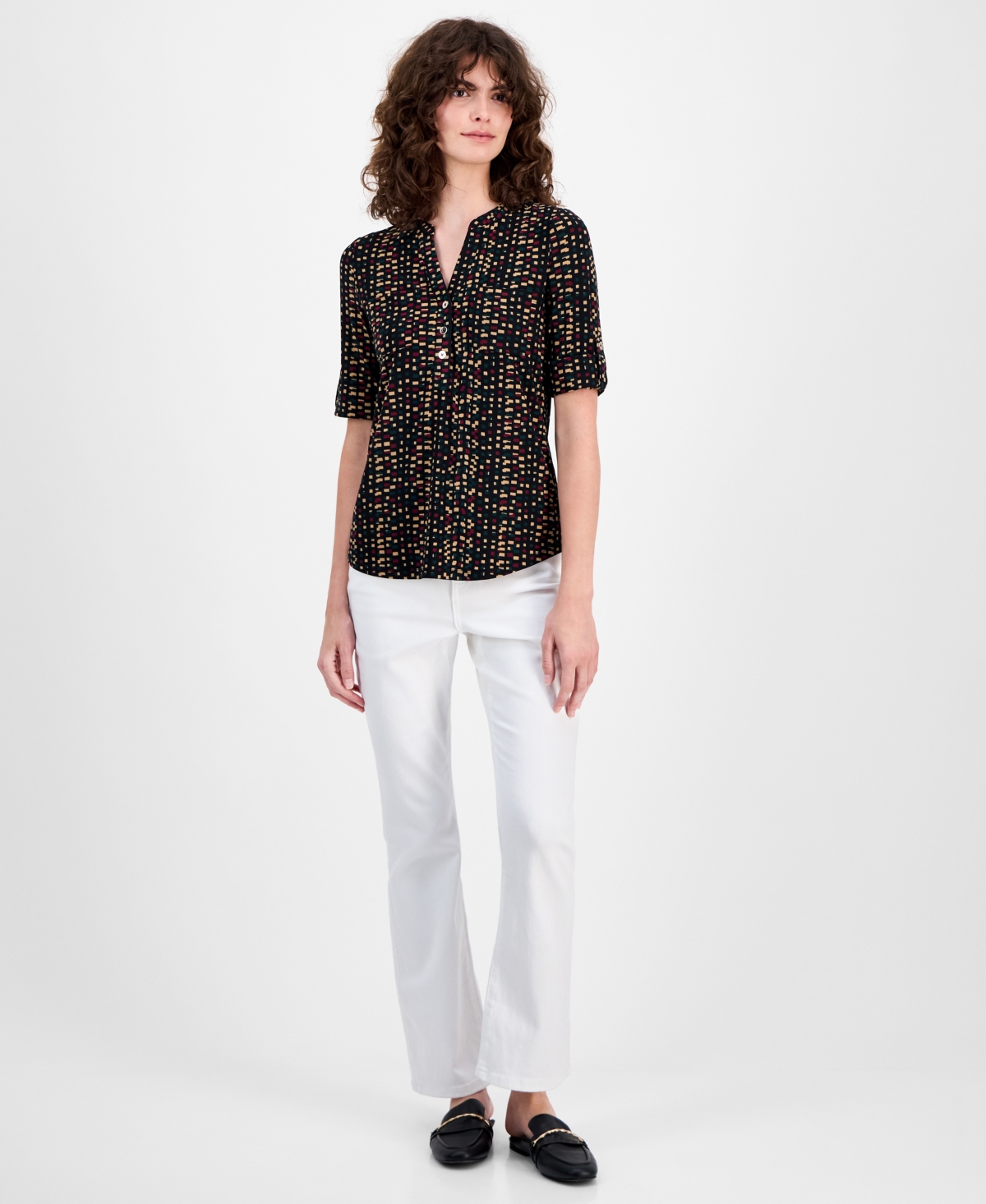 Ak Anne Klein Women's Printed Roll-tab Top