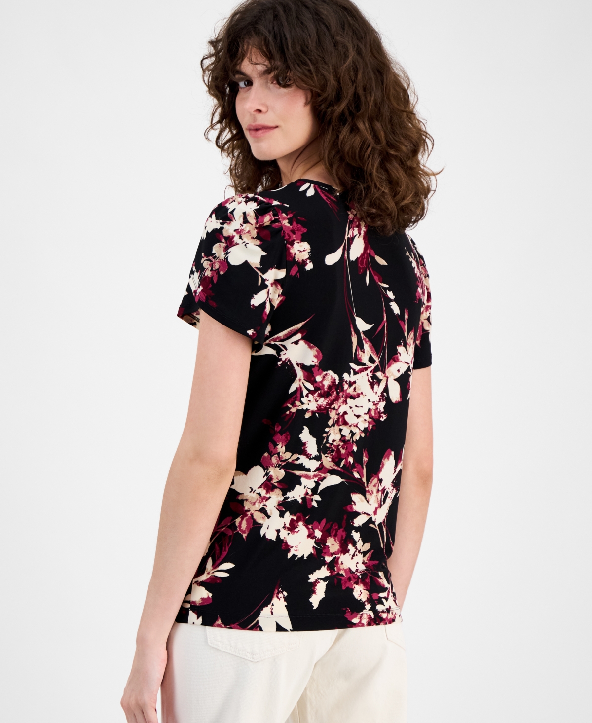 Ak Anne Klein Petite Tulip-sleeve Printed Knit Top In Multi