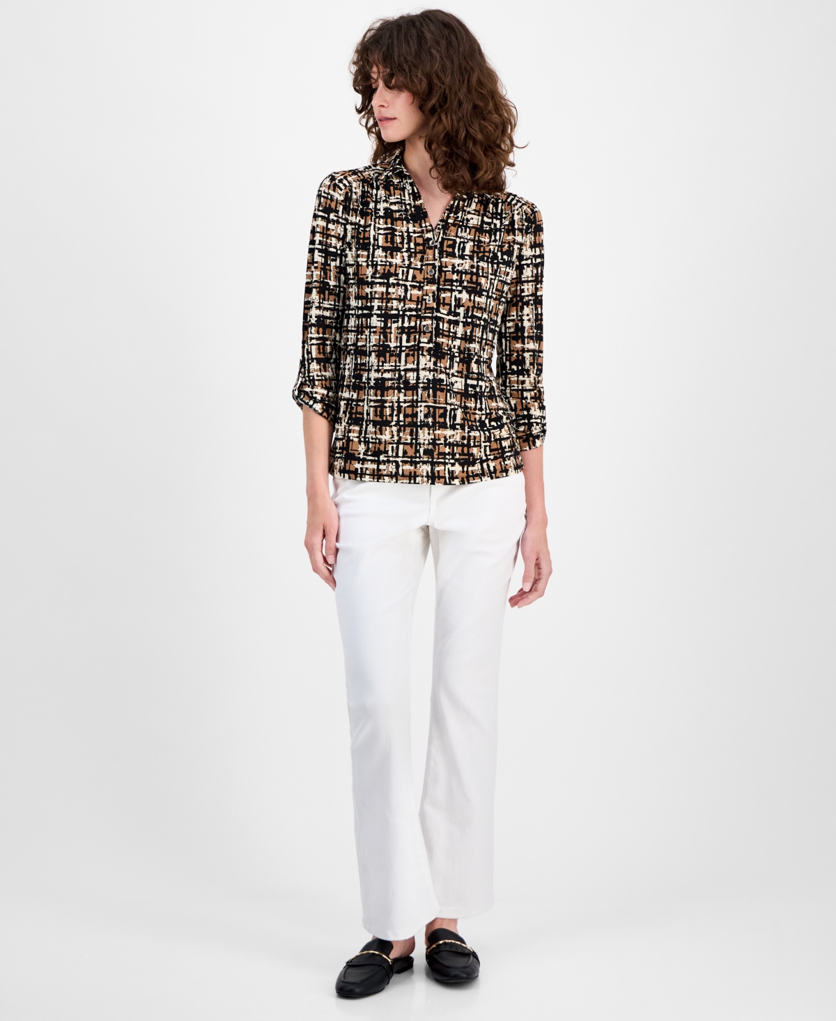 Ak Anne Klein Abstract Print Johnny Collar Half Placket Shirt In Brown