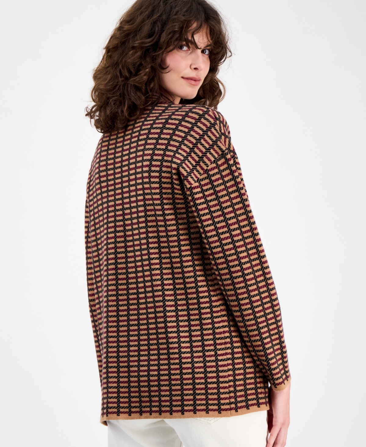Ak Anne Klein Petite Checked Notched-collar Sweater In Brown
