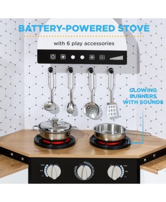 Pretend Play Corner Kitchen, Interactive Wooden Kids Set w/ Lights and Sounds