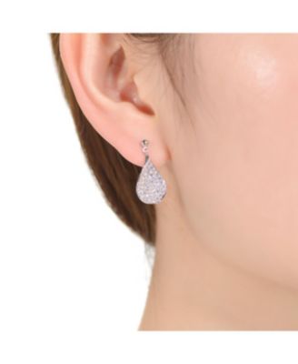 White Gold Plating with French Pave Clear Cubic Zirconia Raindrop Pear Dangle Earrings