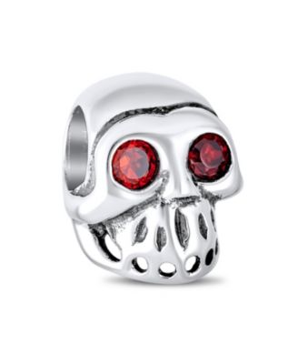 Set of 3 Halloween Red Eyes Skeleton Pirate Skull & Solid Bright Orange Spacer Charm Bead Sterling Silver
