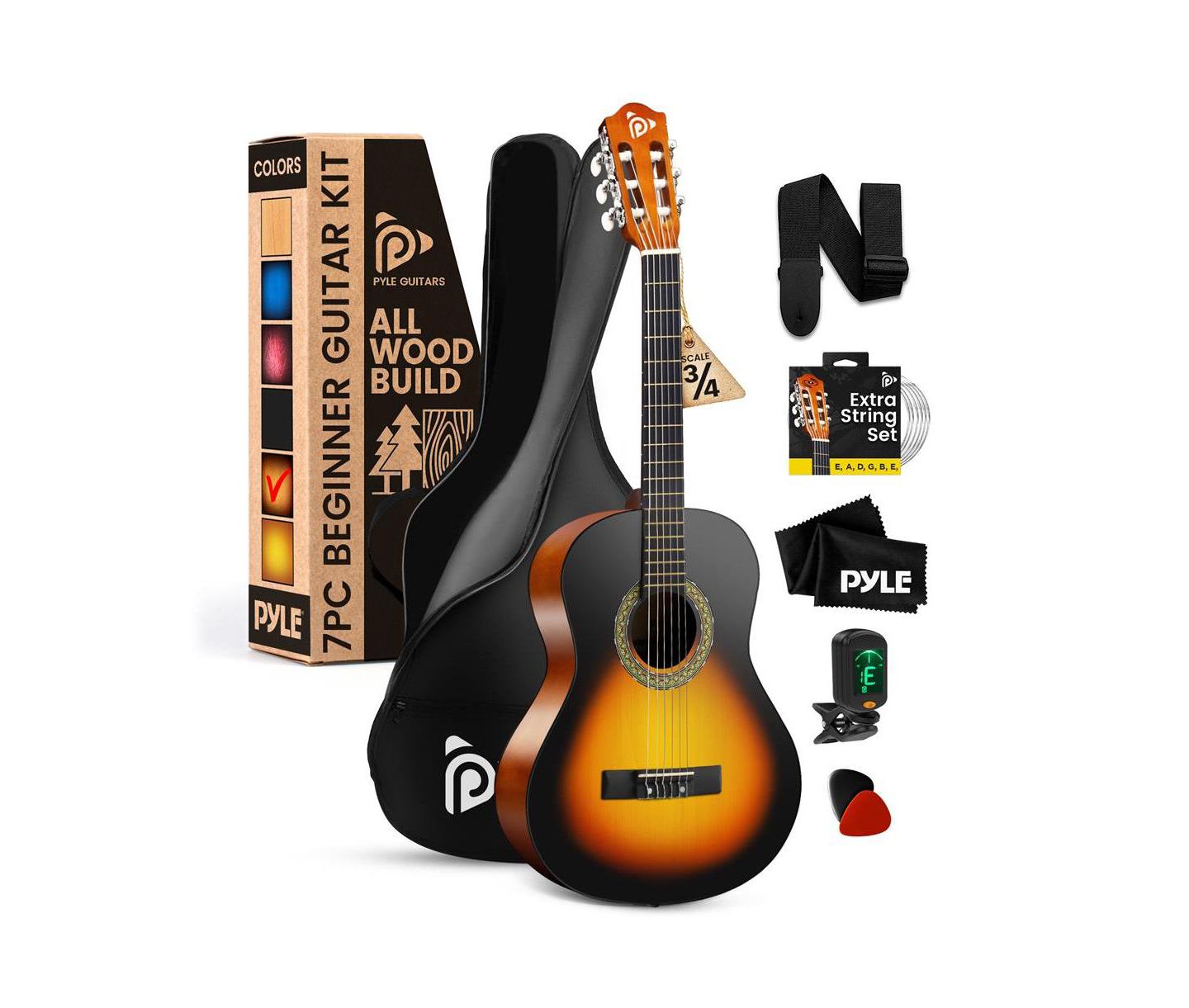 Детские игрушки Pyle 3/4 Scale Classical Guitar with Digital Tuner Nylon String Kit, Ages 5+ — фото 1