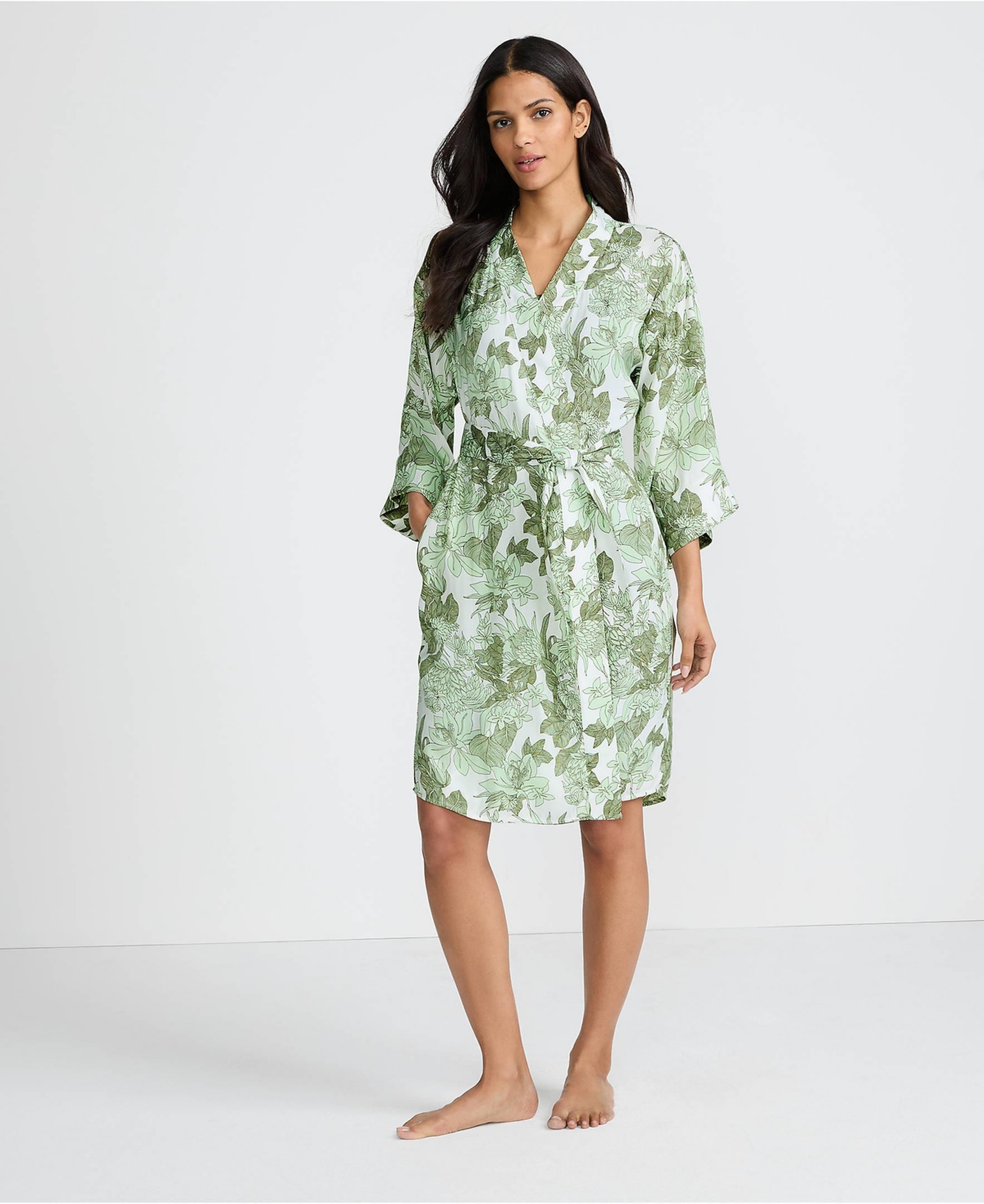 Women's Matte Satin 2 Piece Pajama Set - Nightgown and Robe - Icy mint green floral blooms