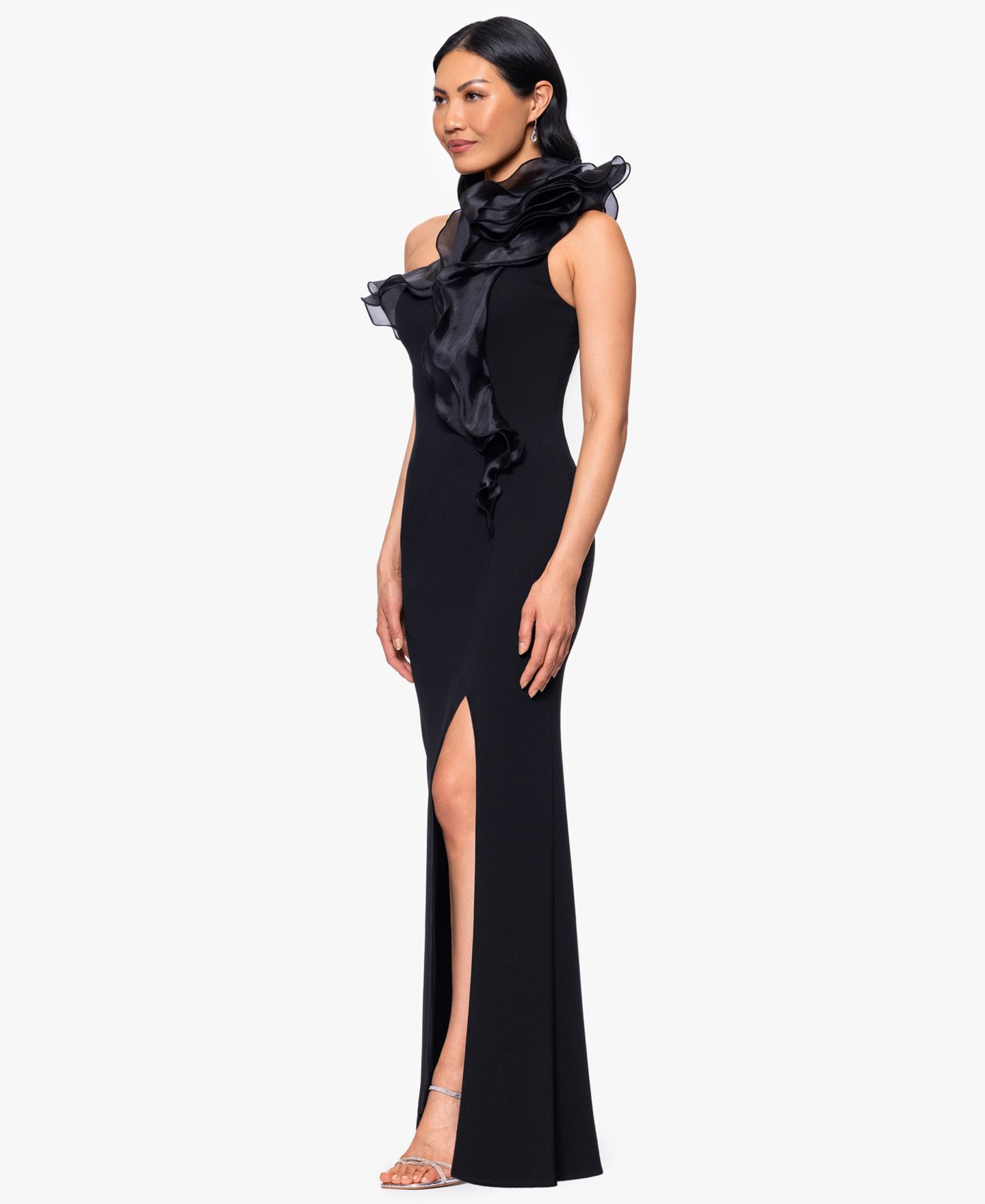 Женское платье Betsy & Adam Scuba Crepe Organza-Ruffle Long, цвет: Чёрный — фото 2