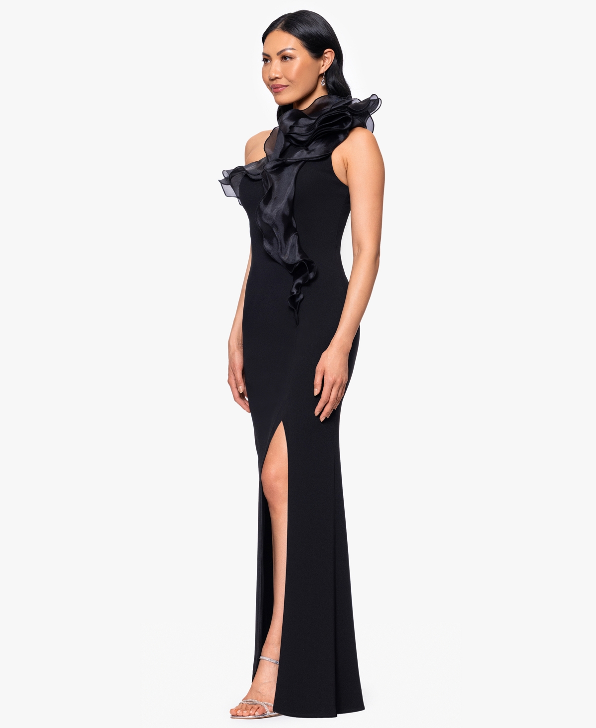 Betsy & Adam Organza Ruffle One-shoulder Scuba Crepe Gown In Black