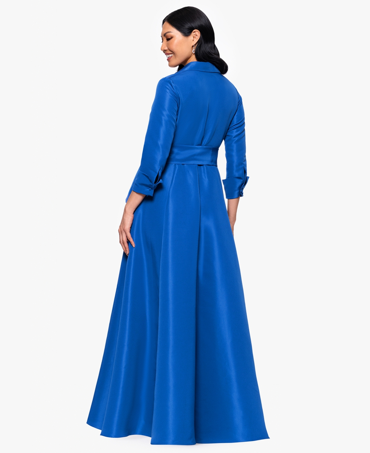Betsy & Adam Plus Size Long-sleeve Tie-waist Long Dress In Blue