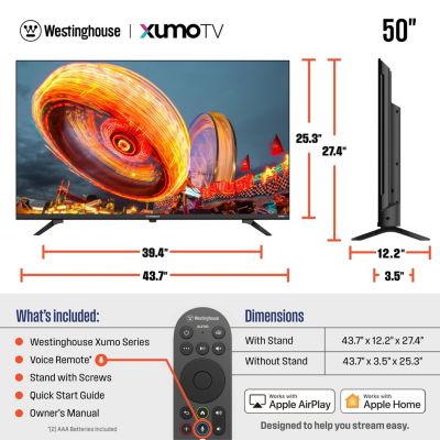 50" Smart TV 4K UHD Xumo TV with HDR10, Dolby Vision & Atmos, Voice Remote, Bluetooth, Apple AirPlay, Wi-Fi, Edgeless LED Screen, 60Hz