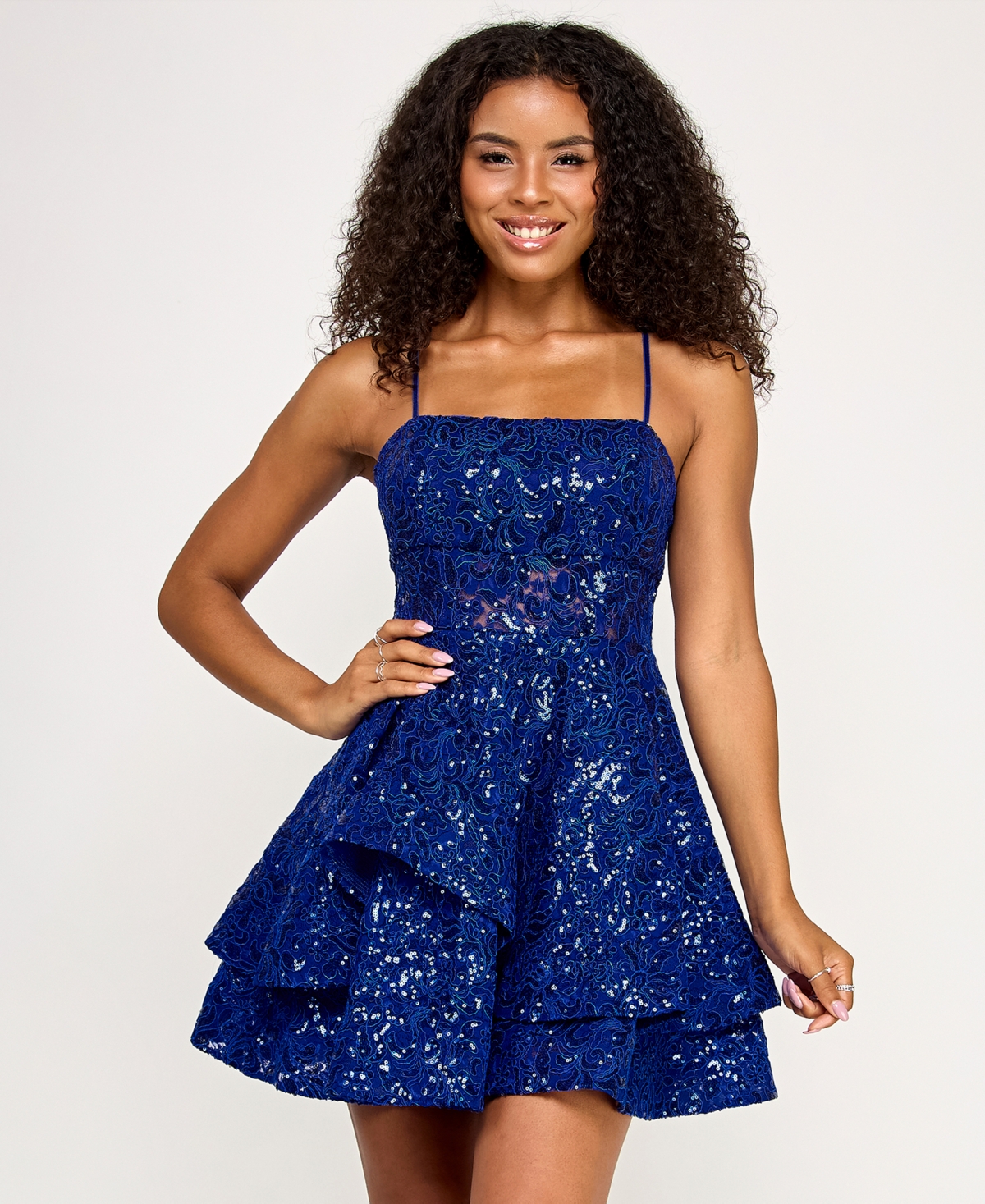 Katia Rae Juniors' Embroidered Lace Mesh Fit & Flare Dress In Blue