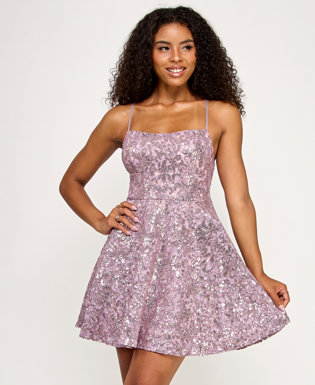 Juniors' Sequined Lace Fit & Flare Dress - Mauve
