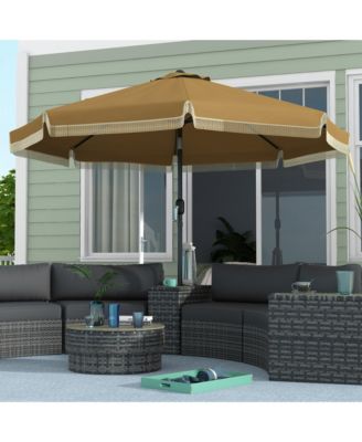9ft Patio Umbrella with Push Button Tilt and Crank, Ruffled Outdoor Market Table Umbrella with Tassles and 8 Ribs