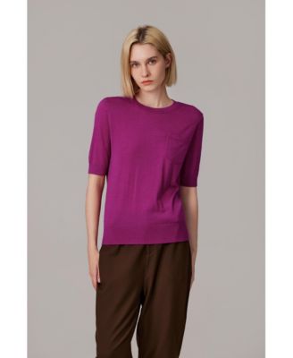 Women's Tissue Weight 75% Merino Wool 25% Silk Crew Neck Short Sleeve T Shirt Sweater | Ultra Soft Machine-Washable Sweaters