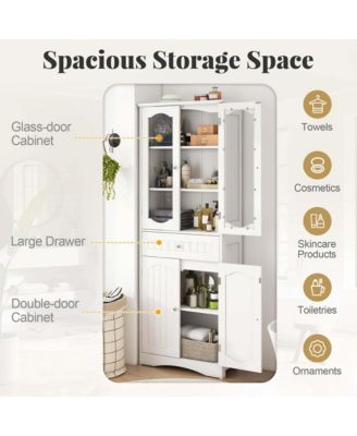 63" MDF Bathroom Cabinet with Tempered Glass Doors, Adjustable Shelves and Large Drawer